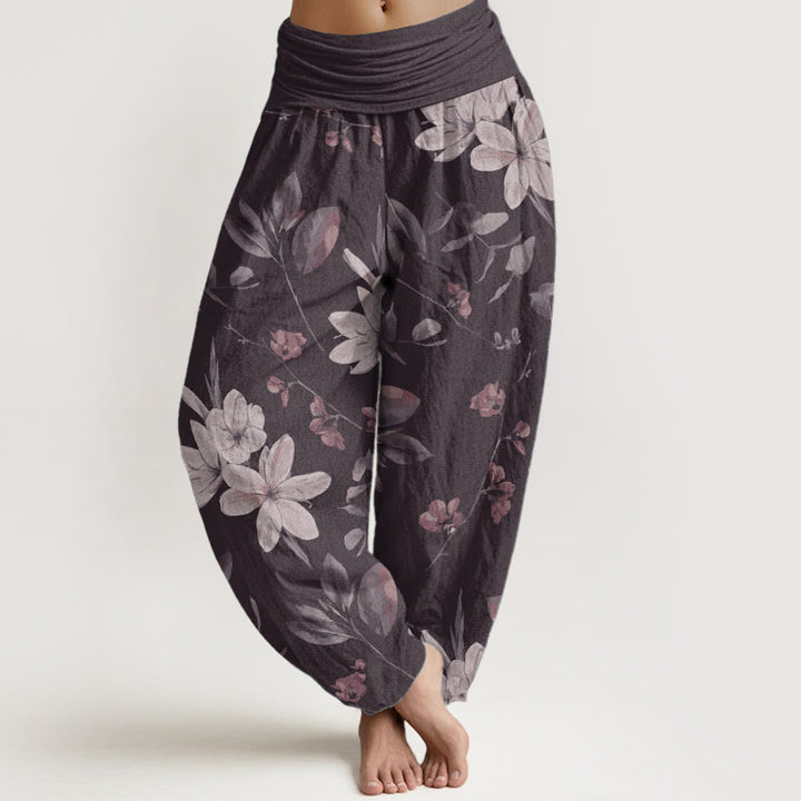 Pantaloni harem da donna in puro cotone con elastico in vita e motivo floreale, stile casual, motivo Buddha Stones