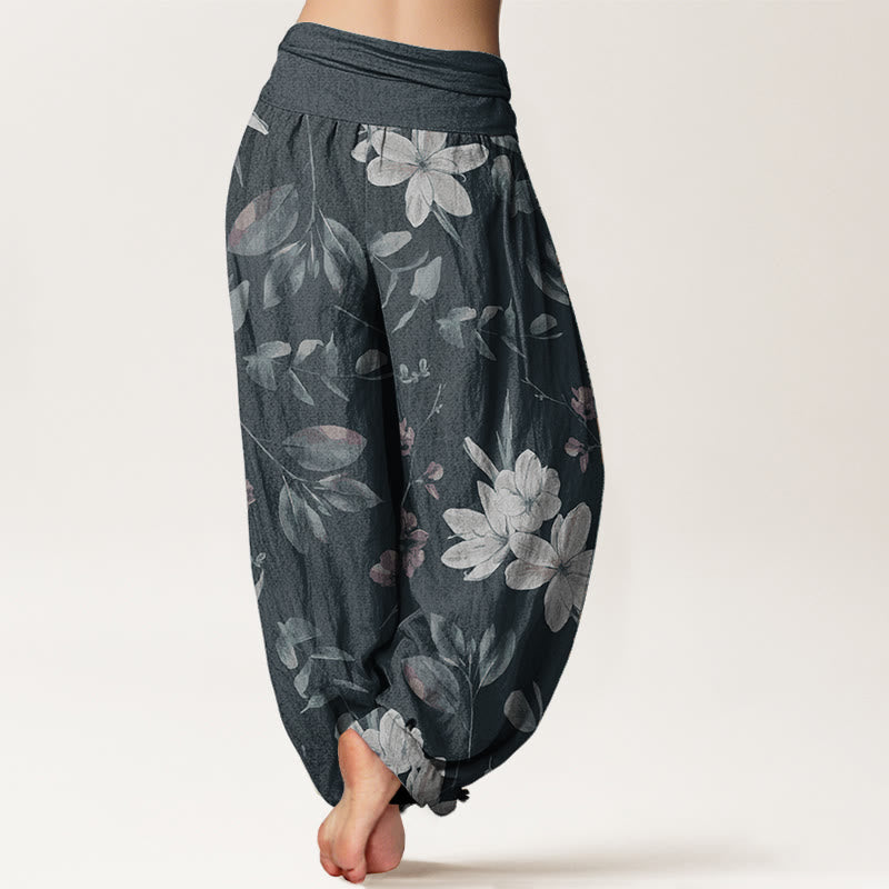 Pantaloni harem da donna in puro cotone con elastico in vita e motivo floreale, stile casual, motivo Buddha Stones
