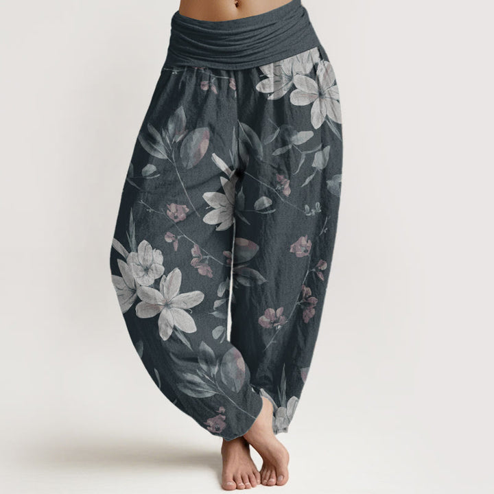 Pantaloni harem da donna in puro cotone con elastico in vita e motivo floreale, stile casual, motivo Buddha Stones