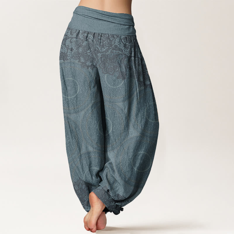 Pantaloni harem da donna con elastico in vita, in puro cotone, con motivo a bussola e fiori casual, motivo Buddha Stones