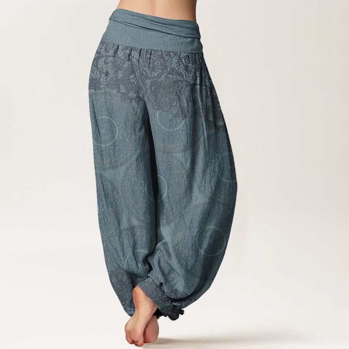 Pantaloni harem da donna con elastico in vita, in puro cotone, con motivo a bussola e fiori casual, motivo Buddha Stones