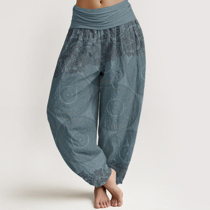 Pantaloni harem da donna con elastico in vita, in puro cotone, con motivo a bussola e fiori casual, motivo Buddha Stones