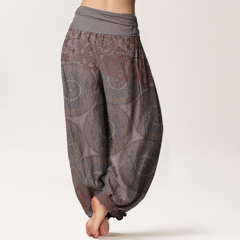 Pantaloni harem da donna con elastico in vita, in puro cotone, con motivo a bussola e fiori casual, motivo Buddha Stones