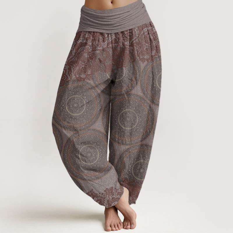 Pantaloni harem da donna con elastico in vita, in puro cotone, con motivo a bussola e fiori casual, motivo Buddha Stones