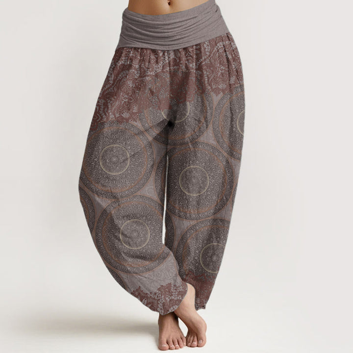 Pantaloni harem da donna con elastico in vita, in puro cotone, con motivo a bussola e fiori casual, motivo Buddha Stones