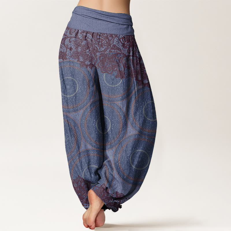 Pantaloni harem da donna con elastico in vita, in puro cotone, con motivo a bussola e fiori casual, motivo Buddha Stones