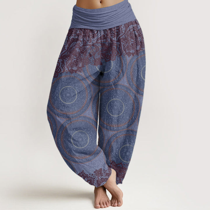 Pantaloni harem da donna con elastico in vita, in puro cotone, con motivo a bussola e fiori casual, motivo Buddha Stones