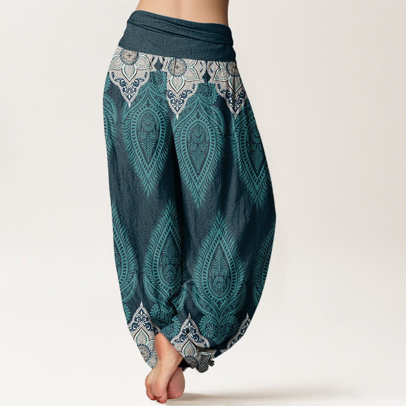 Pantaloni harem da donna con elastico in vita, in puro cotone, casual, con motivo a fiori e piume, motivo Buddha Stones