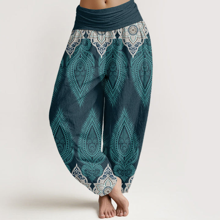 Pantaloni harem da donna con elastico in vita, in puro cotone, casual, con motivo a fiori e piume, motivo Buddha Stones