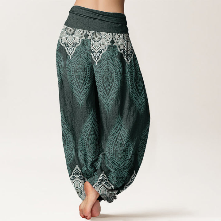 Pantaloni harem da donna con elastico in vita, in puro cotone, casual, con motivo a fiori e piume, motivo Buddha Stones