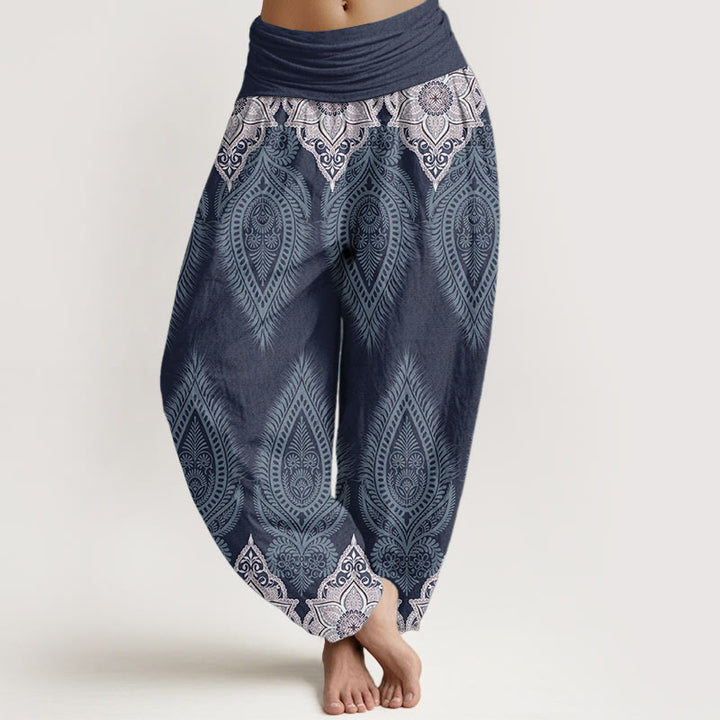 Pantaloni harem da donna con elastico in vita, in puro cotone, casual, con motivo a fiori e piume, motivo Buddha Stones