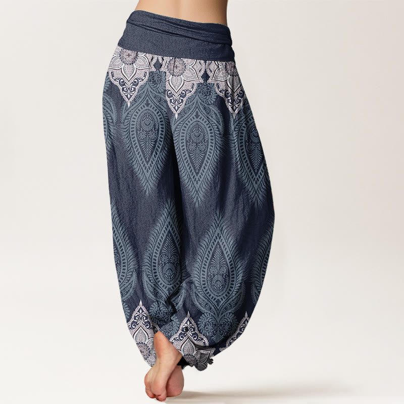 Pantaloni harem da donna con elastico in vita, in puro cotone, casual, con motivo a fiori e piume, motivo Buddha Stones