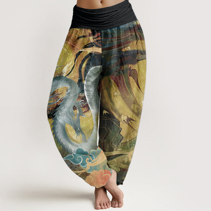 Pantaloni harem da donna con elastico in vita, in puro cotone, con motivo a nuvole di buon auspicio e drago, motivo Buddha Stones