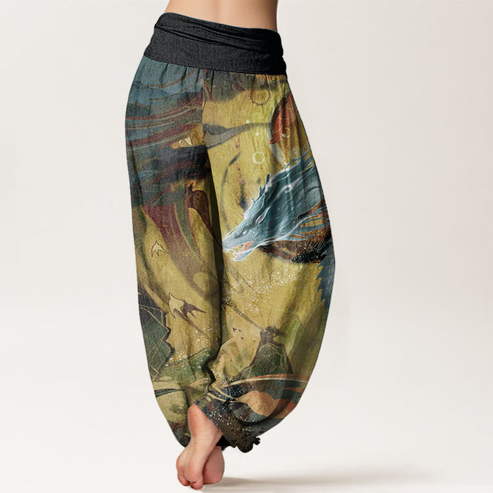 Pantaloni harem da donna con elastico in vita, in puro cotone, con motivo a nuvole di buon auspicio e drago, motivo Buddha Stones