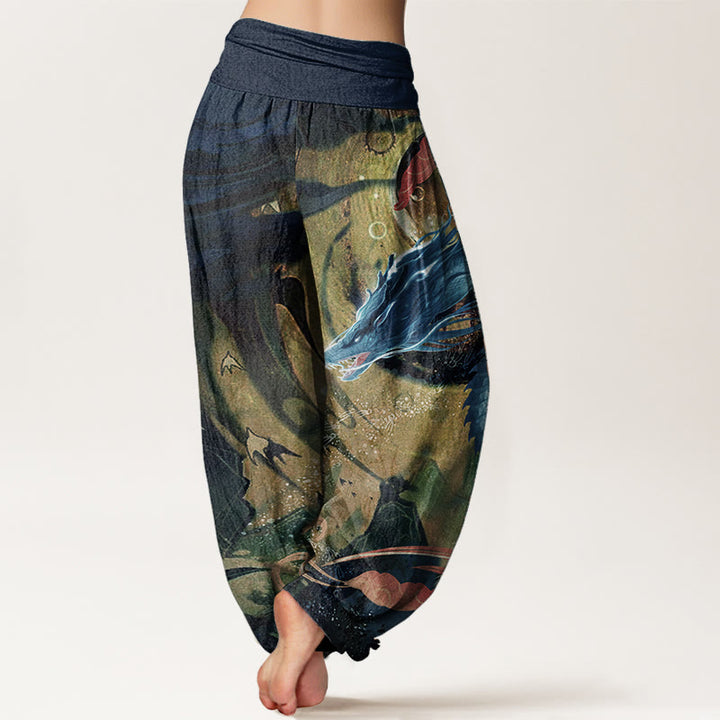 Pantaloni harem da donna con elastico in vita, in puro cotone, con motivo a nuvole di buon auspicio e drago, motivo Buddha Stones