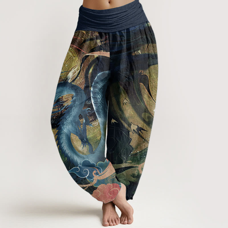 Pantaloni harem da donna con elastico in vita, in puro cotone, con motivo a nuvole di buon auspicio e drago, motivo Buddha Stones