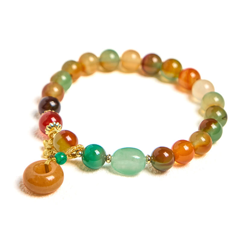 Braccialetto di supporto con fibbia della pace a farfalla, mughetto, agata pavone colorata naturale di Buddha Stones
