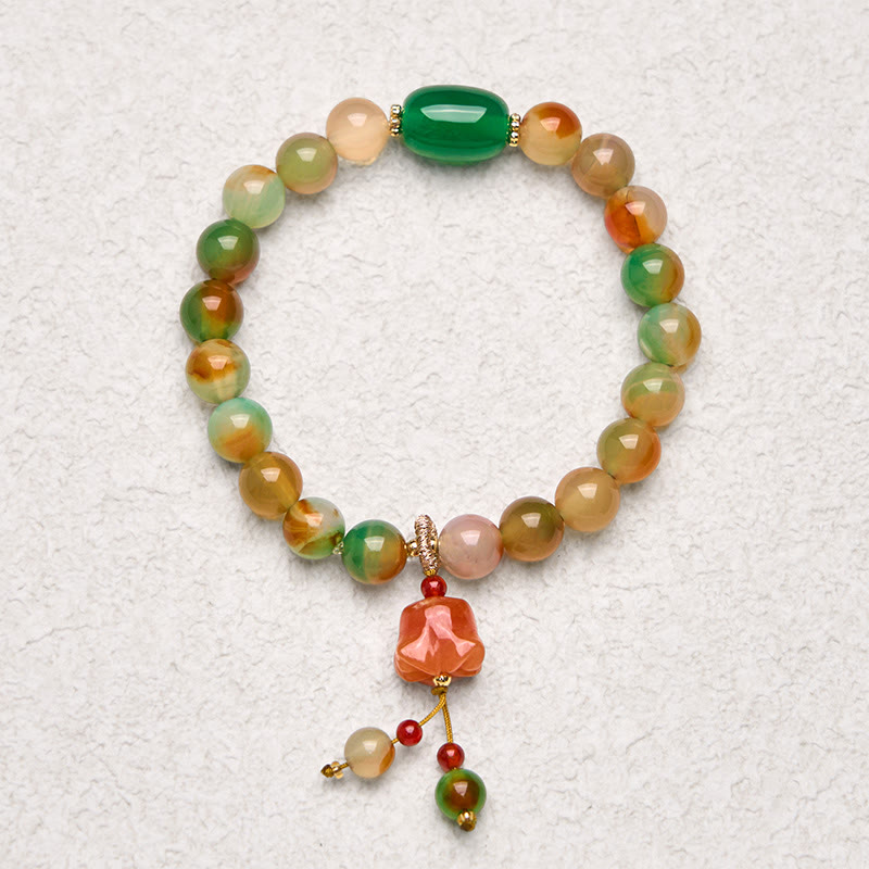 Braccialetto di supporto con fibbia della pace a farfalla, mughetto, agata pavone colorata naturale di Buddha Stones