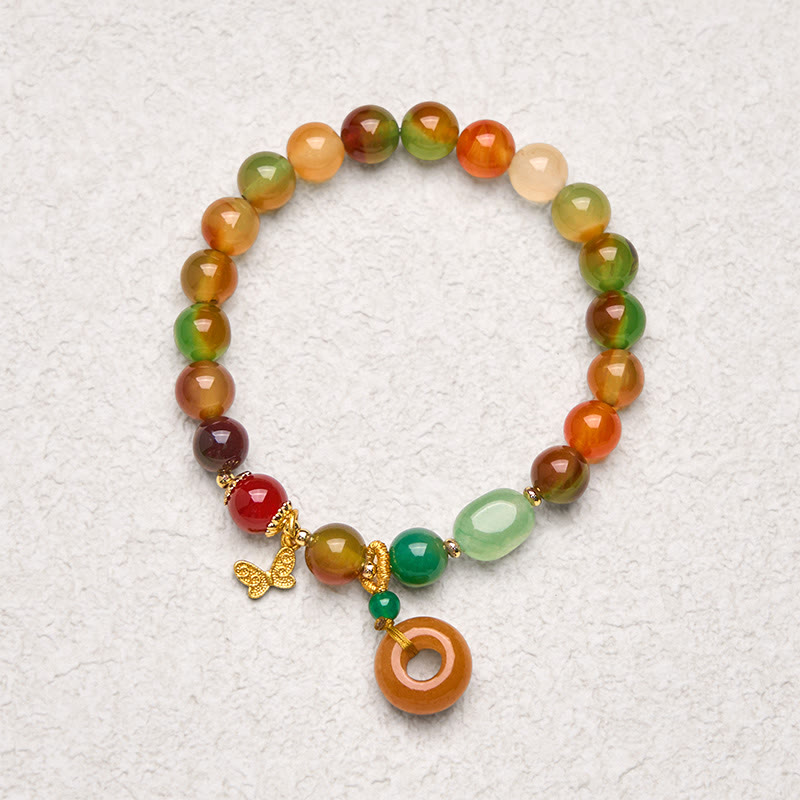 Braccialetto di supporto con fibbia della pace a farfalla, mughetto, agata pavone colorata naturale di Buddha Stones