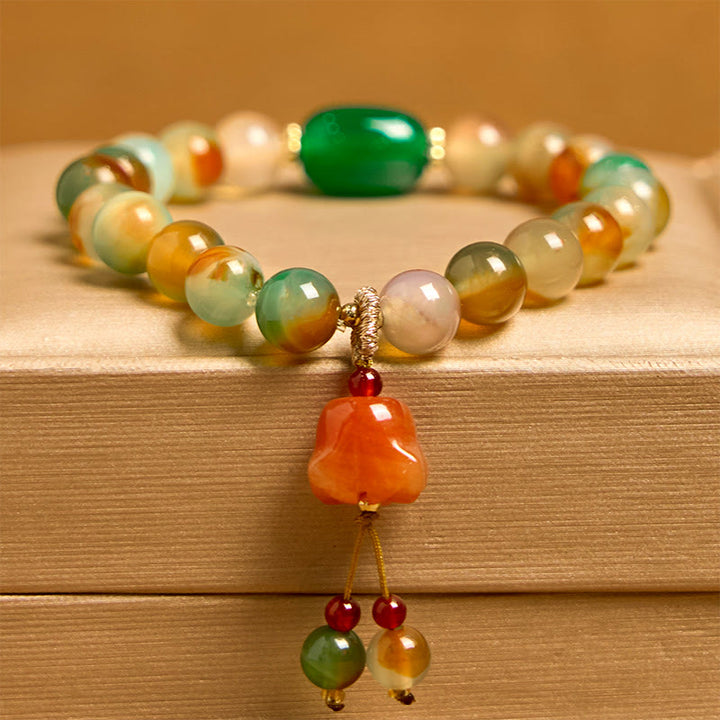 Braccialetto di supporto con fibbia della pace a farfalla, mughetto, agata pavone colorata naturale di Buddha Stones