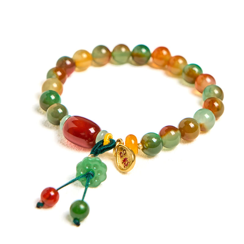 Braccialetto del coraggio con ciondolo Ruyi As One Wishes, in agata pavone naturale colorata, calcedonio e Buddha Stones
