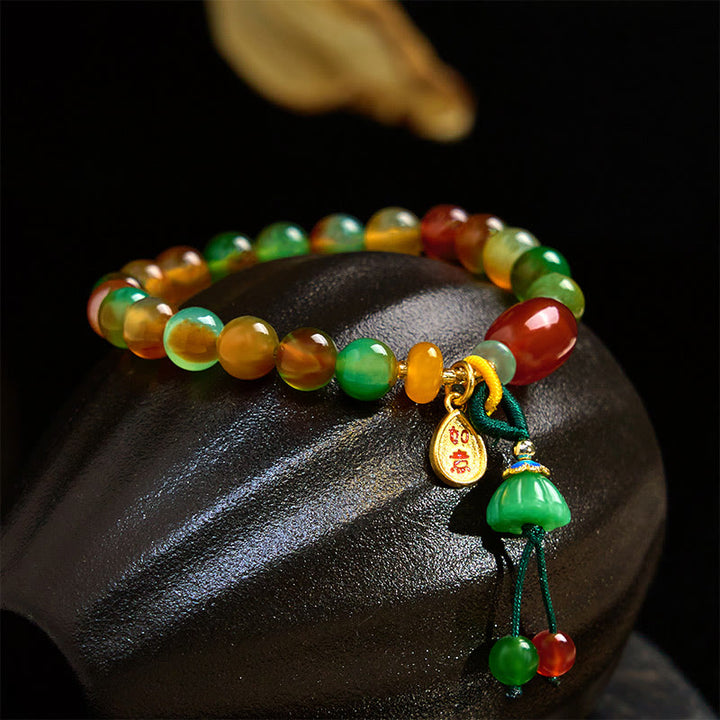 Braccialetto del coraggio con ciondolo Ruyi As One Wishes, in agata pavone naturale colorata, calcedonio e Buddha Stones