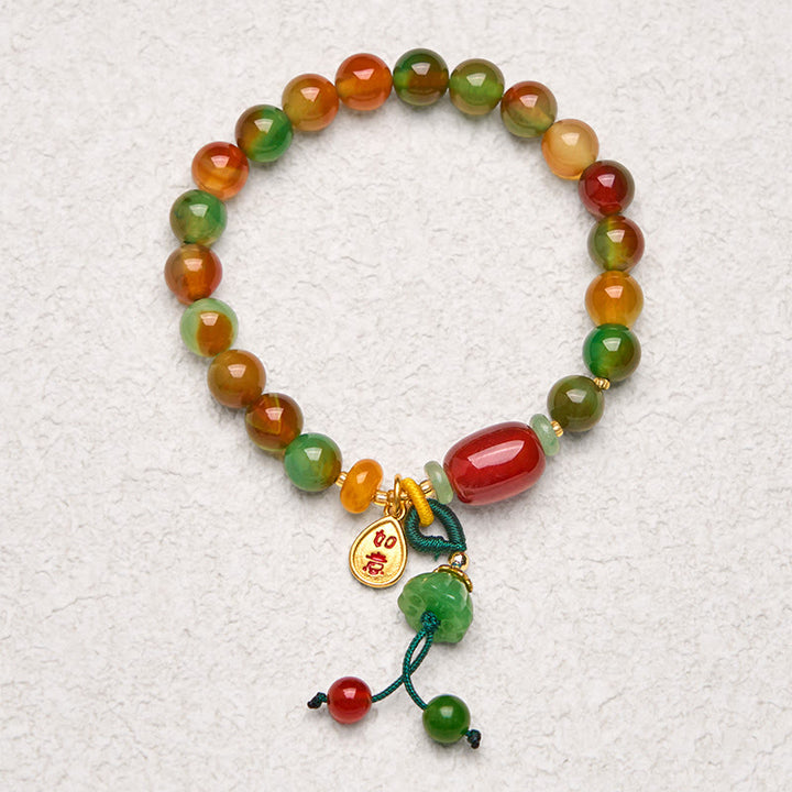 Braccialetto del coraggio con ciondolo Ruyi As One Wishes, in agata pavone naturale colorata, calcedonio e Buddha Stones