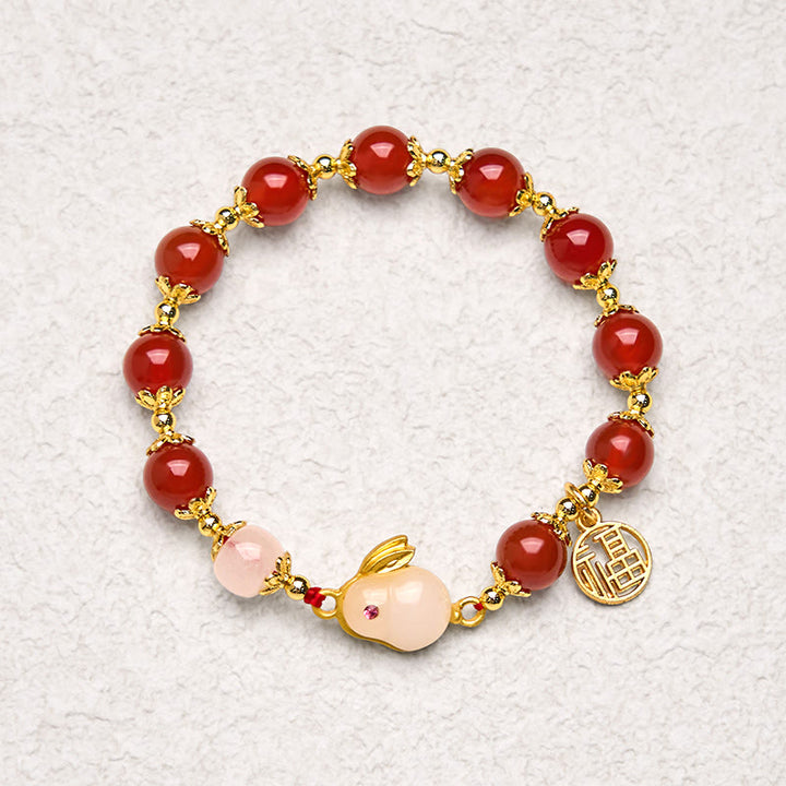 Bracciale Buddha Stones in agata rossa, calcedonio e carattere coniglio Fu, simbolo di fiducia