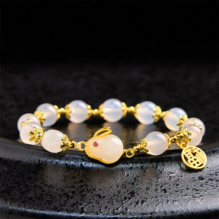 Bracciale Buddha Stones in agata rossa, calcedonio e carattere coniglio Fu, simbolo di fiducia