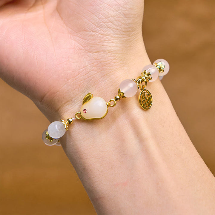 Bracciale Buddha Stones in agata rossa, calcedonio e carattere coniglio Fu, simbolo di fiducia