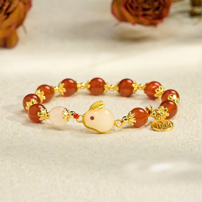 Bracciale Buddha Stones in agata rossa, calcedonio e carattere coniglio Fu, simbolo di fiducia