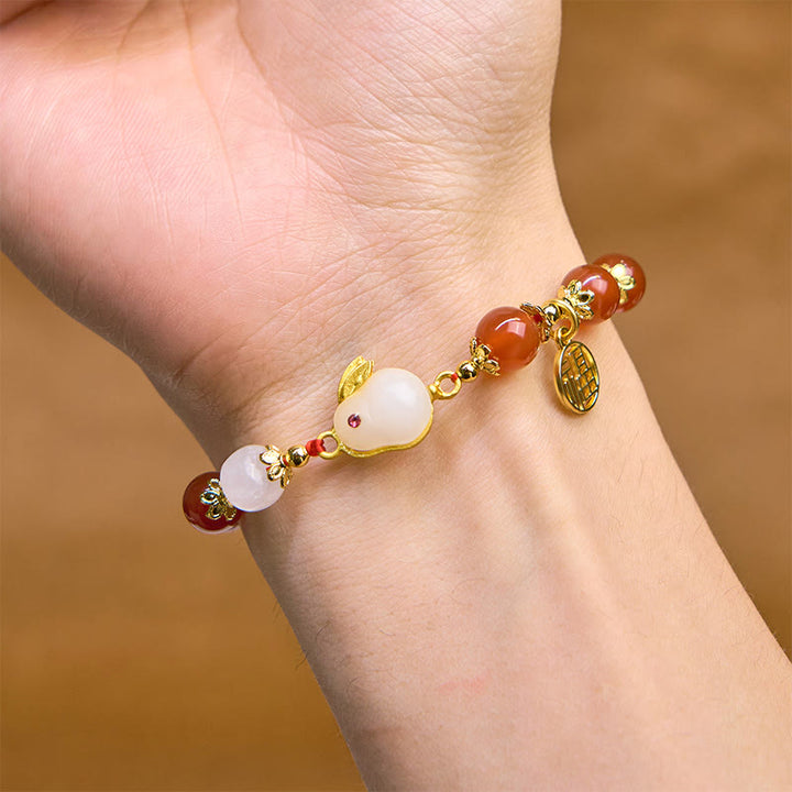 Bracciale Buddha Stones in agata rossa, calcedonio e carattere coniglio Fu, simbolo di fiducia