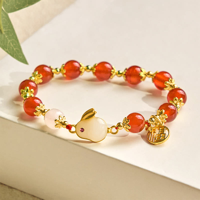 Bracciale Buddha Stones in agata rossa, calcedonio e carattere coniglio Fu, simbolo di fiducia