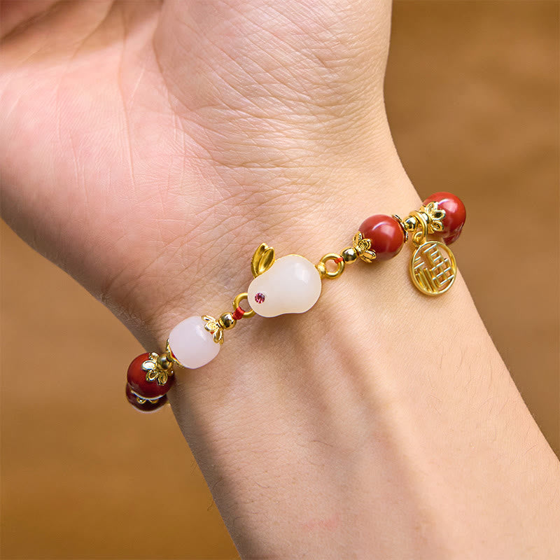 Braccialetto di benedizione con ciondolo a forma di coniglietto Fu, con Buddha Stones in cinabro