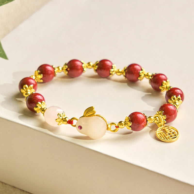 Braccialetto di benedizione con ciondolo a forma di coniglietto Fu, con Buddha Stones in cinabro