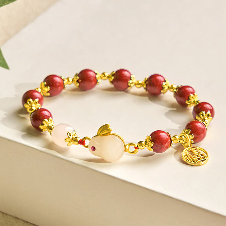 Braccialetto di benedizione con ciondolo a forma di coniglietto Fu, con Buddha Stones in cinabro