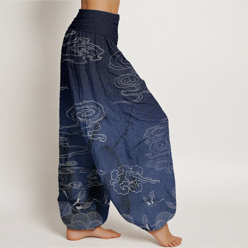 Pantaloni harem da donna con elastico in vita, in puro cotone, con motivo a nuvole di buon auspicio, uccelli e alberi, Buddha Stones