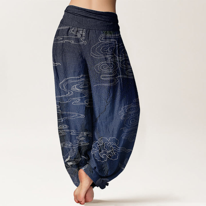 Pantaloni harem da donna con elastico in vita, in puro cotone, con motivo a nuvole di buon auspicio, uccelli e alberi, Buddha Stones