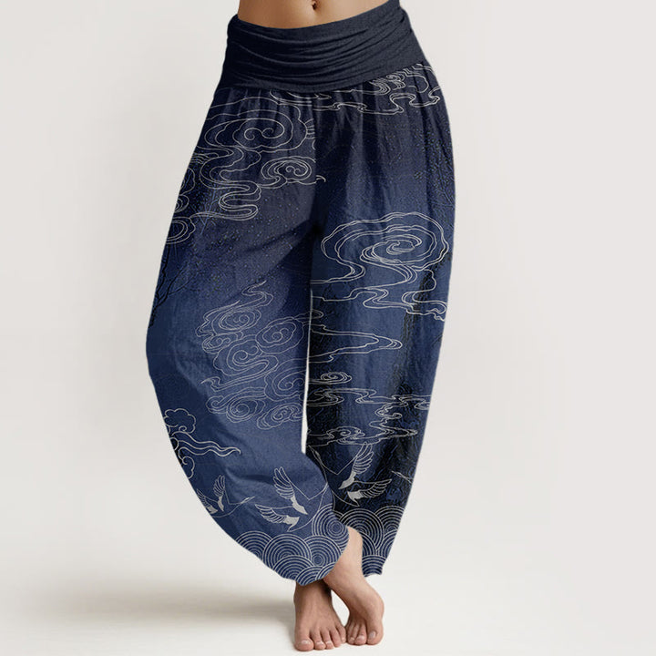 Pantaloni harem da donna con elastico in vita, in puro cotone, con motivo a nuvole di buon auspicio, uccelli e alberi, Buddha Stones