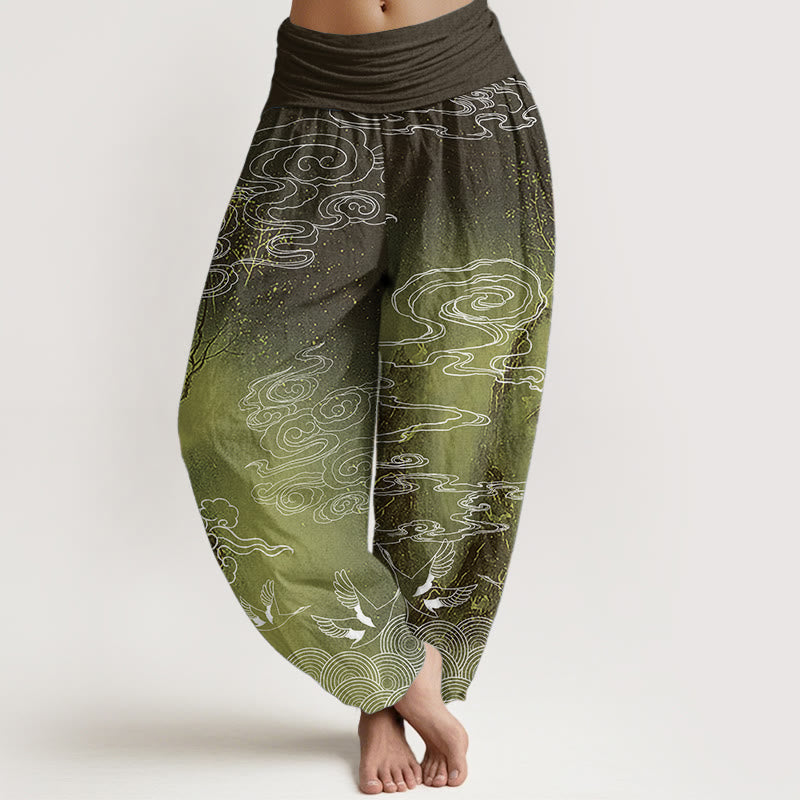 Pantaloni harem da donna con elastico in vita, in puro cotone, con motivo a nuvole di buon auspicio, uccelli e alberi, Buddha Stones