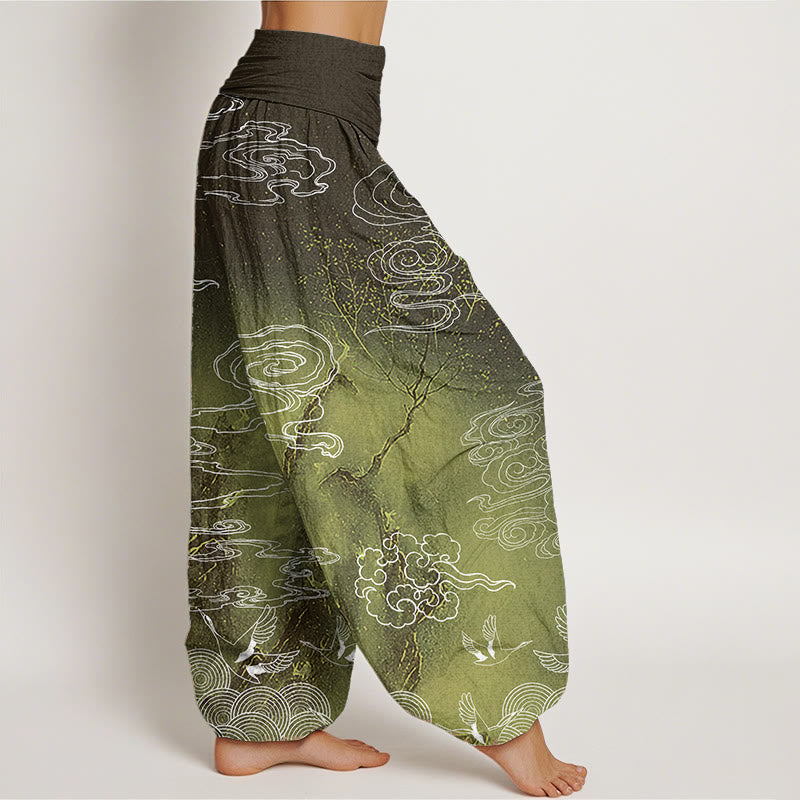 Pantaloni harem da donna con elastico in vita, in puro cotone, con motivo a nuvole di buon auspicio, uccelli e alberi, Buddha Stones