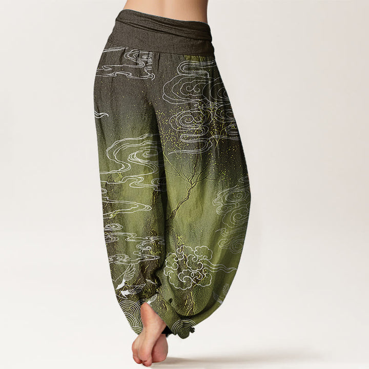 Pantaloni harem da donna con elastico in vita, in puro cotone, con motivo a nuvole di buon auspicio, uccelli e alberi, Buddha Stones