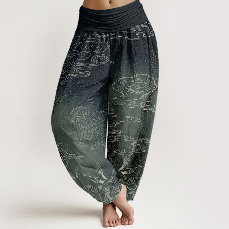Pantaloni harem da donna con elastico in vita, in puro cotone, con motivo a nuvole di buon auspicio, uccelli e alberi, Buddha Stones