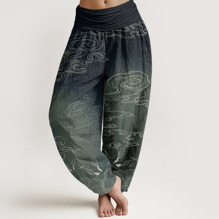 Pantaloni harem da donna con elastico in vita, in puro cotone, con motivo a nuvole di buon auspicio, uccelli e alberi, Buddha Stones