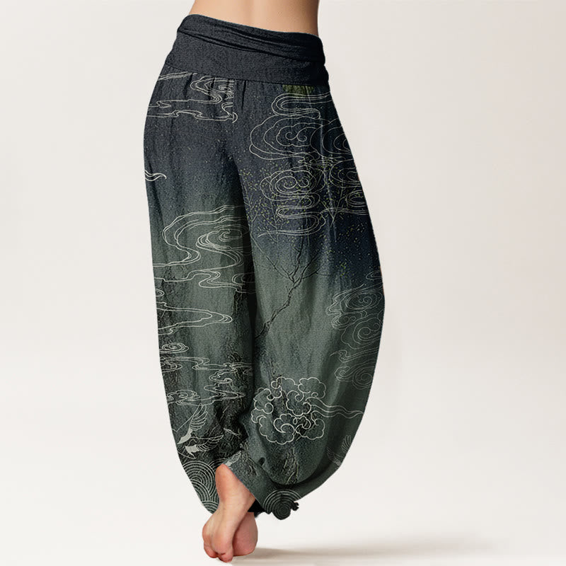 Pantaloni harem da donna con elastico in vita, in puro cotone, con motivo a nuvole di buon auspicio, uccelli e alberi, Buddha Stones