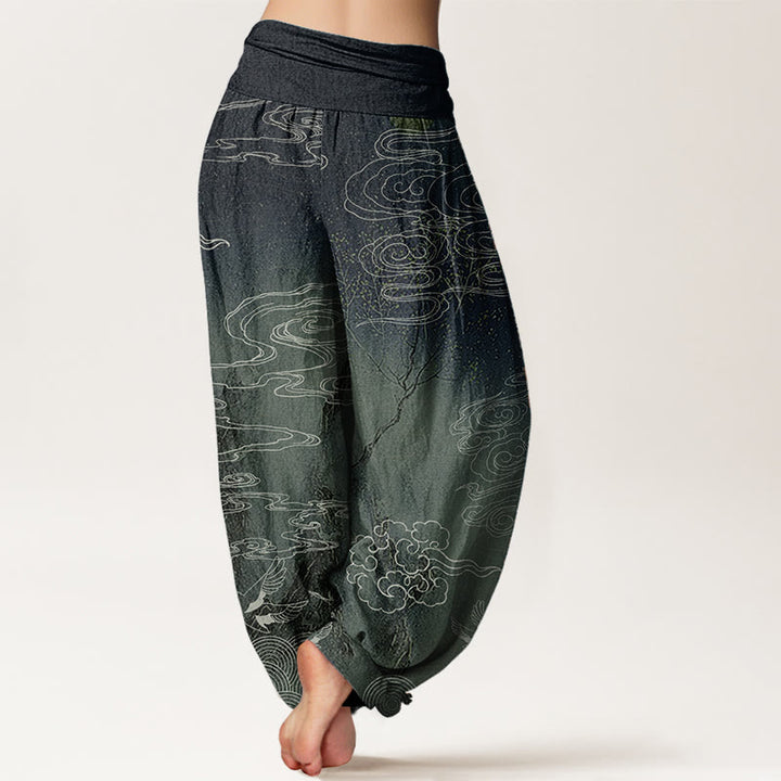 Pantaloni harem da donna con elastico in vita, in puro cotone, con motivo a nuvole di buon auspicio, uccelli e alberi, Buddha Stones