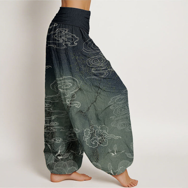 Pantaloni harem da donna con elastico in vita, in puro cotone, con motivo a nuvole di buon auspicio, uccelli e alberi, Buddha Stones - image 7