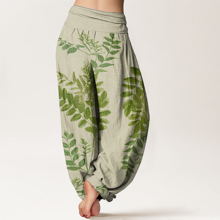 Pantaloni harem da donna in cotone con elastico in vita, motivo Buddha Stones, foglie verdi e rami