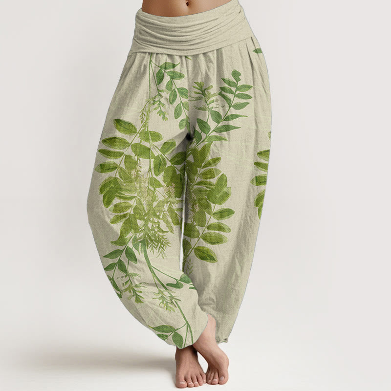 Pantaloni harem da donna in cotone con elastico in vita, motivo Buddha Stones, foglie verdi e rami - PaleGoldenrod - US22, UK/AU26, EU54 (6XL) - image 0