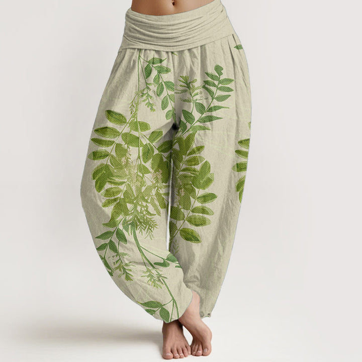 Pantaloni harem da donna in cotone con elastico in vita, motivo Buddha Stones, foglie verdi e rami